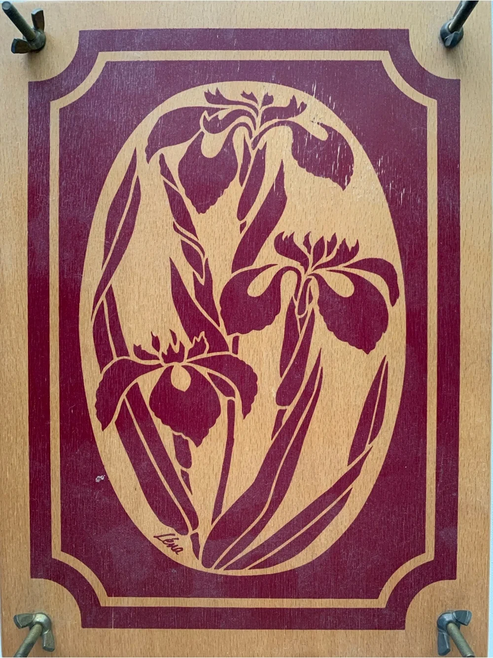 RARE VINTAGE Lena Red Floral Orchid Print on Wood Plant Press